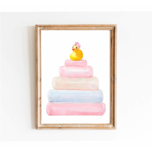 Cute Rubber Duck Bathroom Wall Art, Duck Print Bath, Nursery Art, Light Pink Bathroom, Baby Room Wall Art, Duck In Towel Art Print