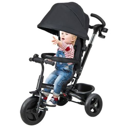 Costway 4-in-1 Baby Tricycle Toddler Trike w/ Reversible Seat, Canopy & Push Handle Black\Gray\Pink