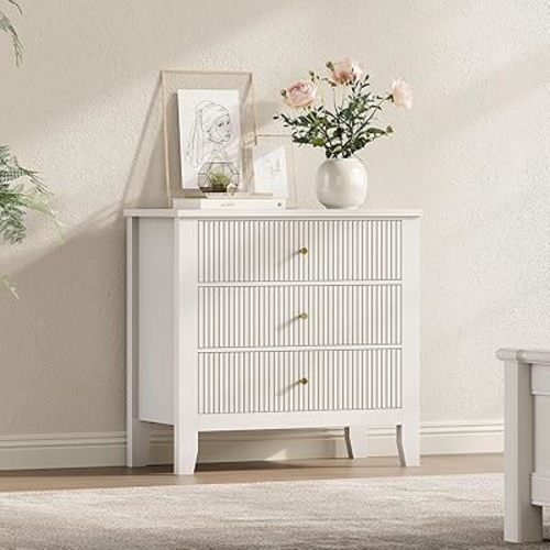Dresser for Bedroom, Fluted Dresser with Solid Legs, Freestanding Wooden Closet Chest with Anti-Tip Anchor Kit & Smooth Silent Gliding for Bedroom, Living Room, Entryway, 3 Drawers, White