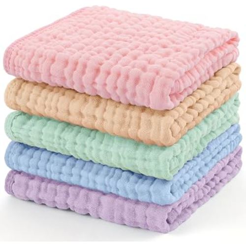 Yoofoss Muslin Burp Cloths for Baby 5 Pack 100% Organic Cotton Baby Washcloths for Boys Girls Large 20''X10'' Super Soft and Absorbent Apricot,Pastel Macaron