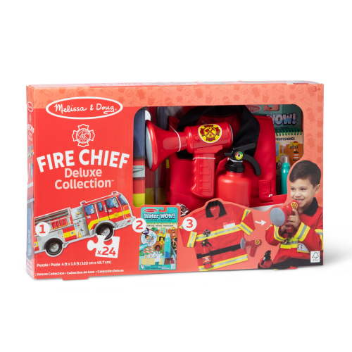 Melissa & Doug Fire Chief 3-in-1 Deluxe Collection Themed Gift Set – Costume Role Play, Puzzle, Water WOW! - FSC Certified