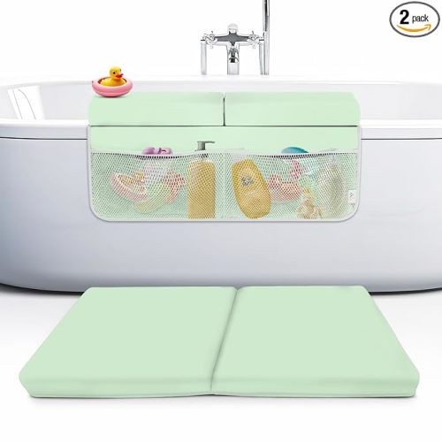 Bath Kneeler and Elbow Rest Pad Set, 2-Inch Thick, Memory Foam, Water-Resistant Mat – Baby Bath Time Essentials Cushion and Bath Kneeling Pad for Bathing Baby with Bathtub Toy Organizer (Mint Green)