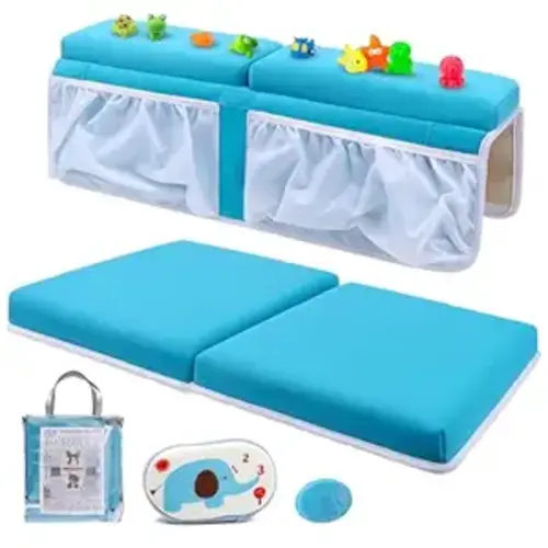 Bath Kneeler and Elbow Rest Set Thick Baby Bath Kneeling Pad Bathing Kneeling Mat Cushion Washable Padded Bathtub Knee Saver with Arm Support and Pockets Organizer for Bathroom Bathtime Comfort, Blue