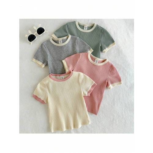 Loomiva 4pcs/Set Baby Girl Cute Solid Color Knitted Soft Round Neck Short Sleeve Top | SHEIN USA