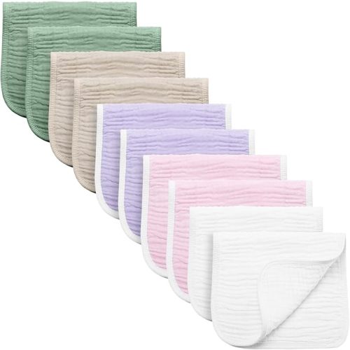 Synrroe Burp Cloths Large, Muslin Burp Cloths for Baby Girls and Boys, Pack of 10 Extra Absorbent and Soft Muslin, 6 Layers 20 by 10 Inches 100% Cotton (Pink-White 10 Pack)