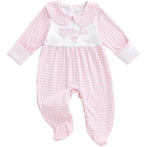 Newborn Baby Girl Footed Romper Onesie Little Sister Embroidery Fall Clothes Coming Home Outfit Vintage Jumpsuit