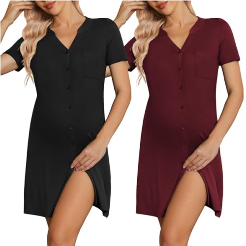Ekouaer 2 Pack Maternity Nightgown Button Down Nursing Gown 3 in 1 Breastfeeding Sleepwear V Neck Short Sleeve Delivery Dress