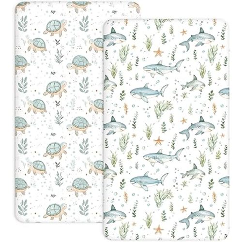 Crib Sheets for Boys and Girls, 2 Pack Fitted Baby Sheets for Standard Toddler Mattress 28" x 52", Soft Breathable Jersey Knit Baby Bedding (Turtle & Shark)