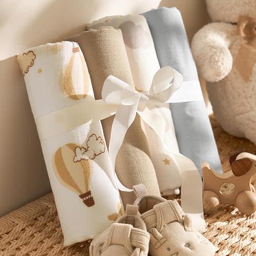 PHF Muslin Swaddle Blankets for Newborn, Large 47x 47 Inches 4 Pack Organic Soft Breathable Receiving Blankets, Skin-Friendly Muslin Baby Swaddles, Baby Essentials Shower Gifts, Cloud & Air Balloon