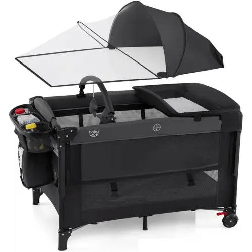 BABY JOY 5-in-1 Pack and Play with Canopy, 4 Adjustable Heights Baby Bedside Sleeper w/Bassinet, U-Shaped Diaper Changer, Safety Strap, Side Zipper, Portable Bedside Playard from Newborn to Toddlers