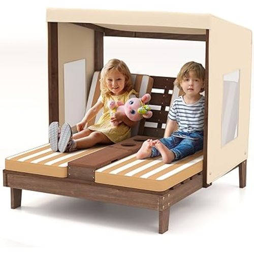 HONEY JOY Kids Chaise Lounge Chair Outdoor, Toddler Wood Double Pool Lounger Chairs w/Canopy, Cup Holders, Removable Stripped Fabric Cushions, 2-Person Kids Patio Furniture for Backyard (Coffee)