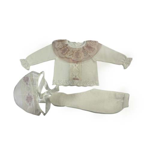 Clotilde Ivory with Dusty Pink 3-Piece Knitted Set