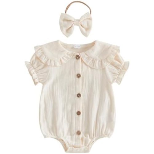 Newborn Baby Girl Outfit Solid Color Peter Pan Collar Puff Sleeve Romper Cotton Linen Bodysuit Summer Clothes Headband