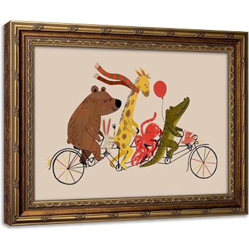 Vintage Gold Framed Wall Art Colorful Animals Bike Parade Picture Nursery Wall Decor Bird Crocodile Giraffe Rabbit and Bear Pedaling Poster Painting Prints Artwork for Kids Boys Girls Room Playroom