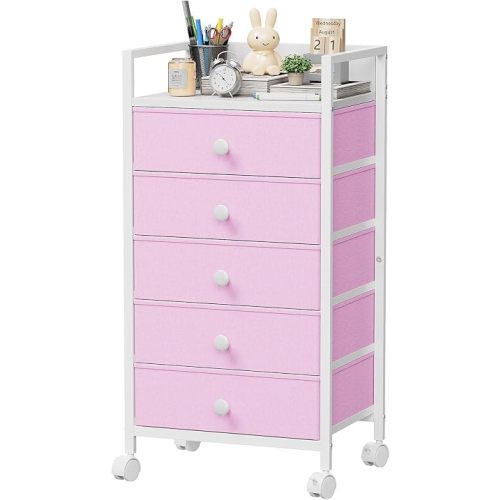 Modanais Rolling Cart with Drawers, 5 Drawer Storage, Nightstand - Pink