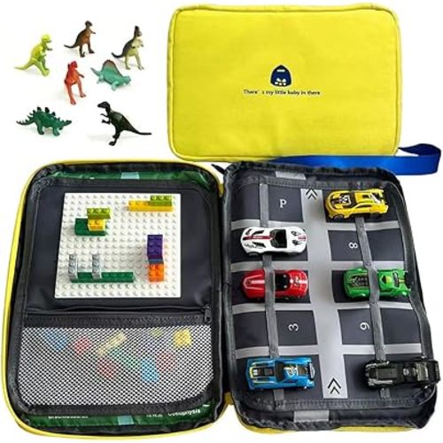 Portable Kids Play Case with Toy Cars, Dinosaur Design, Building Base Plate, and City Road Map, Educational Travel Activity Set Travel Toys Birthday gift for kids aged 3-6