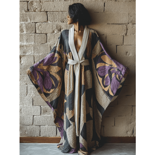 Wisteria Dusk Kimono Linen Long Gown Robe With Belt