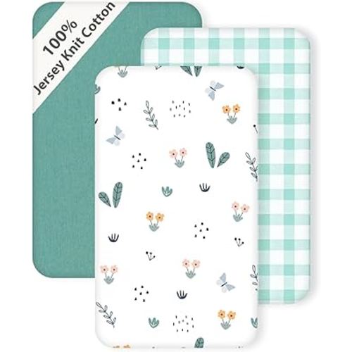 3 Pack Cotton Bassinet Sheets - 19" x 32" for Angelbliss, YADAQE, wayfong, Fodoss and Papablic Baby Bassinet, Ultra Soft & Skin Friendly Bassinet Fitted Sheets, Green Leaf