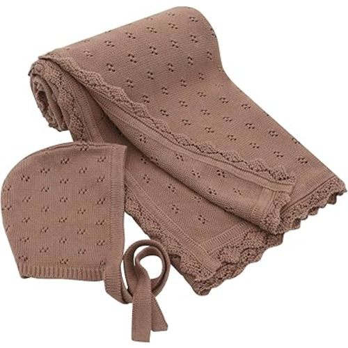 LifeTree Knit Baby Blanket & Hat, 100% Cotton Soft Swaddle & Receiving Blanket for Toddler, Lightweight & Breathable Newborn Blanket Unisex for Crib, Stroller, 31X40 Inches, Shower Registry Gift,Brown