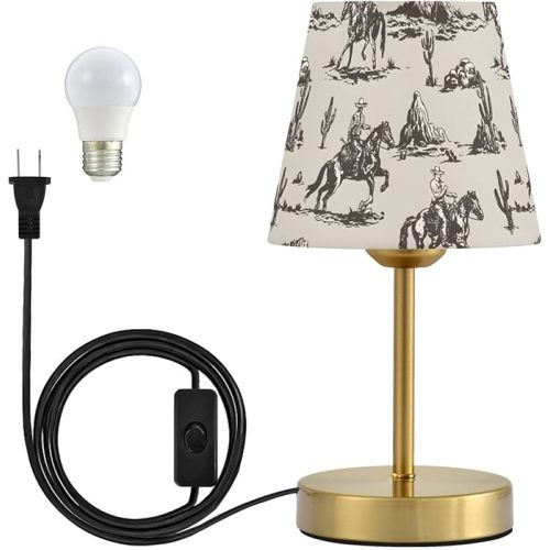 ALAZA Table Lamp for Bedroom Nightstand Western Cowboy Horse Cactus Bedside Lamp with USB Port Fabric Shade Dimmable Desk Lamps Bronze Metal Base Living Room