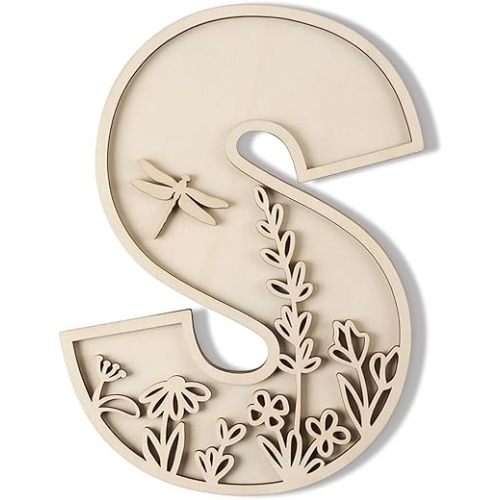 Layered 12 Inch Large Wooden Letters for Wall Decor, Flowered Paintable Wooden Nursery Letters for Crafts Wood Alphabet Letter S for Birthday Boho Nursery Name Sign Wedding Home Decoration