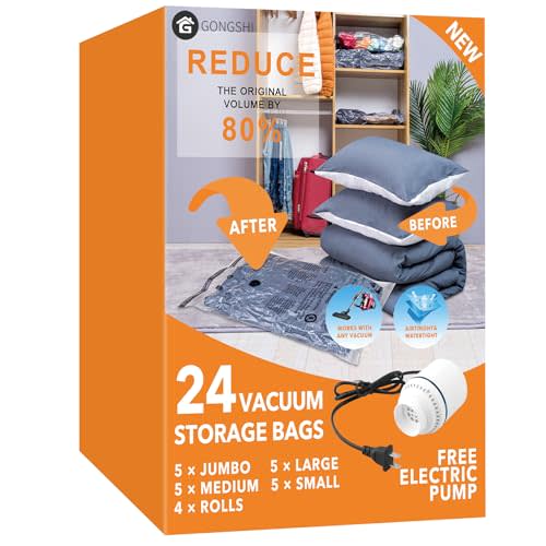 24 Pack Vacuum Storage Bags with Electric Pump, (5 Jumbo, 5 Large, 5 Medium, 5 Small, 4 Roll Up Bags) Space Saver Bag for Clothes, Blanket, Duvets, Pillows, Comforters,Travel,24 Combo-EPUMP