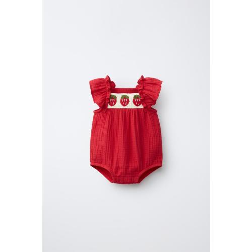 STRAWBERRY EMBROIDERED COTTON GAUZE ROMPER - Red | ZARA United States