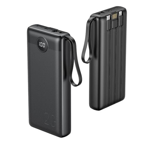 VRURC Portable Charger 20000mAh, Built-in Cable Fast Charging Power Bank, PD QC 3.0 Travel Essentials Battery Pack, 4 Output & 2 Input Phone Charger for iPhone,Samsung, Android-Black