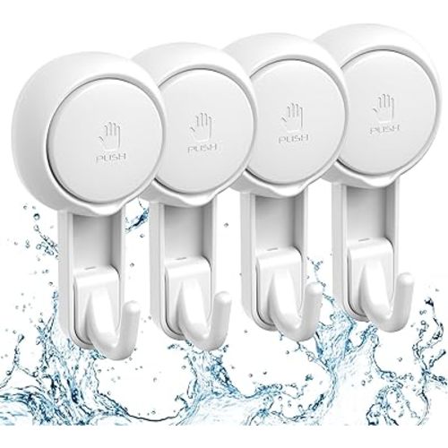 Shower Suction Cup Hooks - 4 Pack Reusable Heavy Duty Vacuum Suction Hook for Inside, Waterproof Bathroom Wall Bathtub Loofah Hook, Strong Window Glass Hanger Removable Kitchen Towel Holder