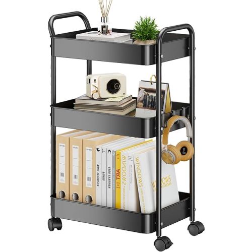 YASONIC 3-Tier Metal Rolling Cart, Sturdy Storage Utility Carts with Wheels, Multifunction Craft Art Organizer for Bedroom, Laundry, Garage, Office, Nursery, Bathroom, Easy Assembly (Black)