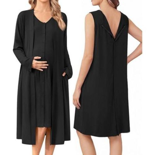 Ekouaer Labor and Delivery Gown and Robe Set for Hospital Nursing Nightgown Black 2XL