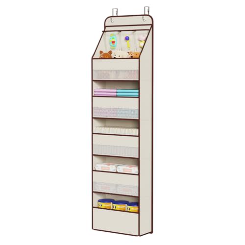 Univivi Fabric Over Door Hanging Organizer for Baby Nursery, Beige, 6-Shelf | Door Storage with Large Capacity Breathable Mesh Pockets, Over the Door Organizer for Baby Essential, Bedroom and Dorm