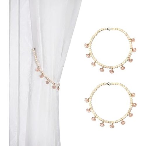 SUQ I OME Ocean Theme Coastal Seashell Beaded Magnetic Curtain Tiebacks Holdback with Conch Decorations for Your Curtain Decoration (Pink Seashell)