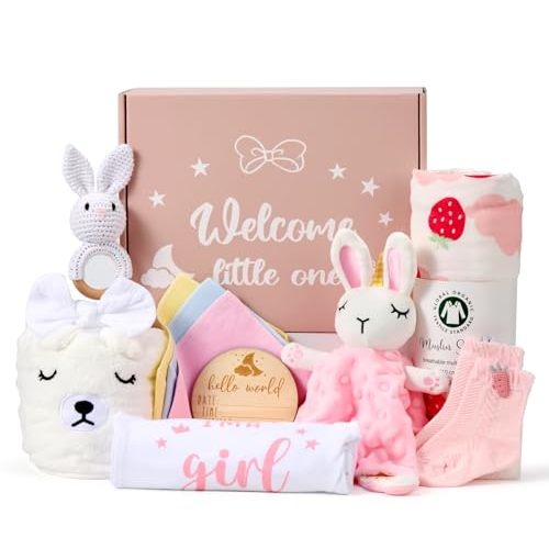 Encausto Baby Girl Gifts Basket, Newborn Girl Essentials for Baby Shower, Hooded Bath Towel, Muslin Swaddle Blanket, Girl Bodysuit, Bunny Rattle, Lovey, Baby Bibs, New Mom Gifts Box for Women