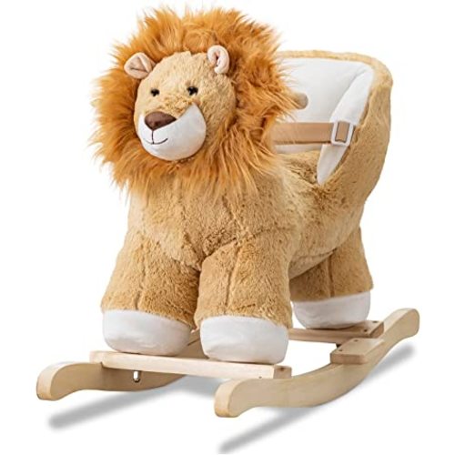 ROARY Ride-ON Chair Rocking Horse Lion by JOON, Great for Toddler Development, Very Soft Fabric, Safe Rocker with Sturdy Wood Handles & Base, Boost Imagination & Creativity with Lullaby Sounds, Tan