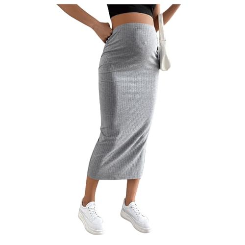 SHENHE Women's Maternity Skirt Adjustable Rib Knit High Waist Split Pencil Long Skirt