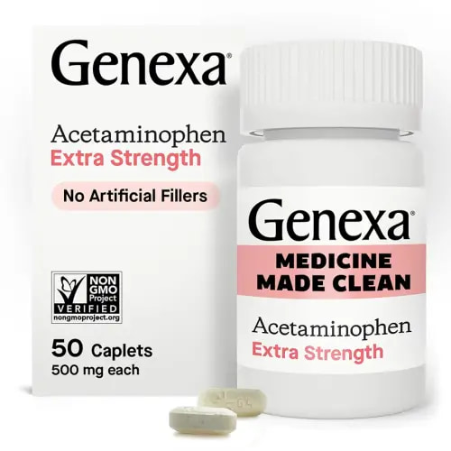 Genexa Clean Acetaminophen 500mg Extra Strength, Dye Free Pain Reliever Fever Reducer, 0% Artificial Additives, Pain Medicine for Adults, Relieves Headache, Backache, Minor Arthritis Pain, 50 Tablets