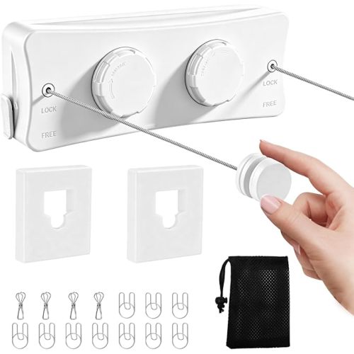Retractable Clothesline Indoor & Outdoor, 16.7 Ft Non-Sagging Double Clothes Line, Retracting Heavy Duty Clothes Drying Laundry Line, Wall Mounted Space-Saving Stainless Steel Line