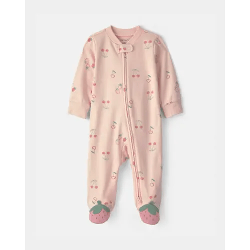 Baby Girl Strawberry 100% Cotton 2-Way Zip Sleep & Play Pajamas - Pink