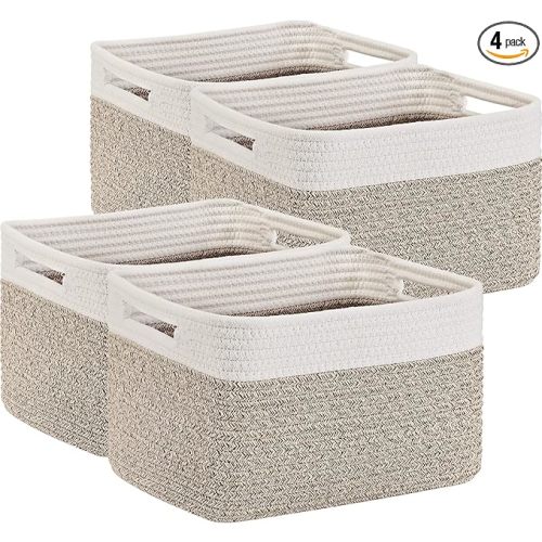 Optish 4 Pack Woven Basket for Storage, Basket for Organizing and Shelves, Rope Storage Basket for Toys, Towels, Books, Clothes, Baskets for Gifts Empty, 12.7'' X 8.3'' X 7.1'', White & Brown