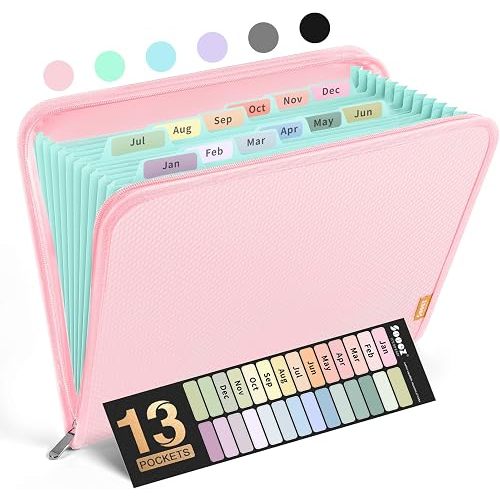 Sooez 13 Pocket Accordion File Organizer, Zipper Expanding File Folder A4
