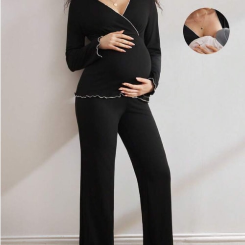 BloomMama Comfortable Wavy Hem Black Elastic Simple Long Sleeve Top & Pants V-Neck Maternity Loungewear Set, Fall Clothes, Cozy Outfits