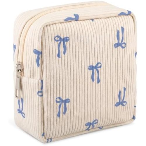Kacctyen Preppy Mini Makeup Bag for Purse, Corduroy Cute Bow Coquette Small Cosmetic Pouch with Zipper & Slip-in Pockets Travel Toiletry Makeup Organizer for Women Birthday Gifts(Blue Bow)
