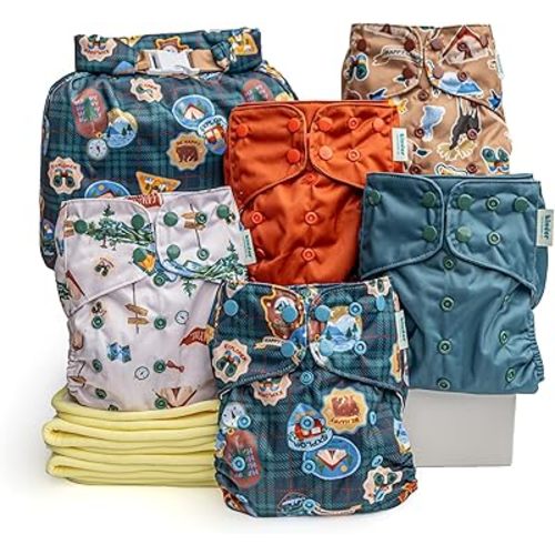 Kinder Cloth Diapers Reusable Baby Diapers Pocket Style Athletic Wicking Jersey, Bamboo Viscose Inserts, Wet Bag, Newborn to Potty Training 7-60lbs, One Size (Big Adventure, 5 Pack, with Inserts)