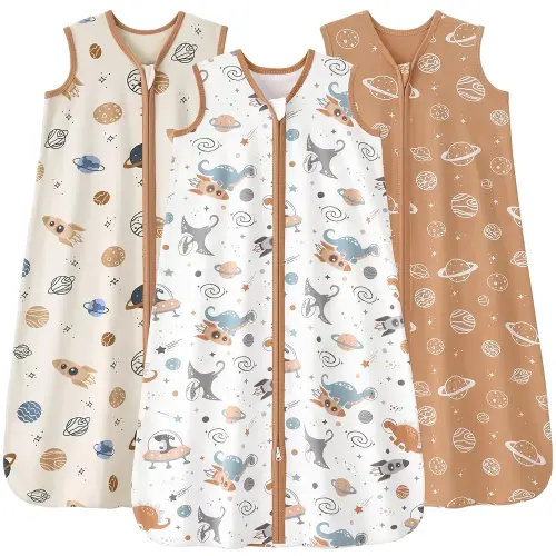 Baby Sleep Sack 0-6 months, 100% Cotton Sleeping Sack for Newborn and Infant, 3 Pack Baby Wearable Blanket for Boy and Girl, 0.5 Tog Lightweight Double Zipper Sleep Bag Coffee Dinosaur Planet