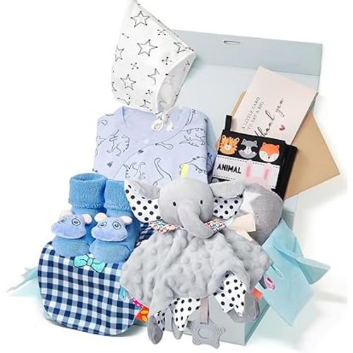 Golray 9pcs Baby Shower Gifts for Boys Newborn Kit, Blanket/Elephant Soothe/Fabric Book/Bodysuit/Bib/Sock/Hat/Greeting Card, Baby Essentials Stuff Gift for Newborn Boy Friend Newmom