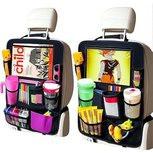 Car Organizer Kick Mats Back Seat Protector, Car Back Seat Organizer with Tablet Holder Pocket for Kids, Travel Accessories with 10 Storage Pockets, 2 Pack