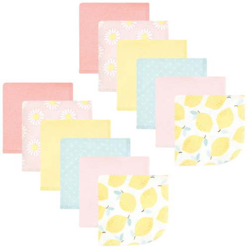 Hudson Baby Infant Girl Flannel Cotton Washcloths, Lemon Daisy 12 Pack, One Size