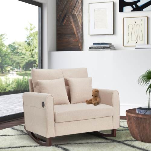 Oversized Upholstered Rocking Chair with High Back, Side Pocket, and Rubberwood Legs for Living Room, Bedroom, or Nursery