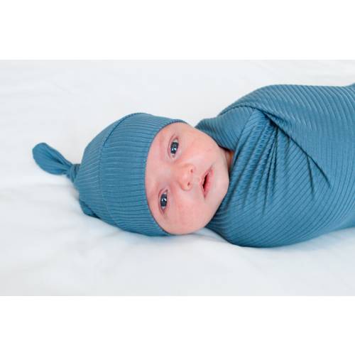Blue Ribbed Knit Baby Swaddle Blanket, Neutral Baby Swaddle, Blue Baby Swaddle, Newborn Swaddle, Swaddle Set, Stretchy Knit, Gender Neutral